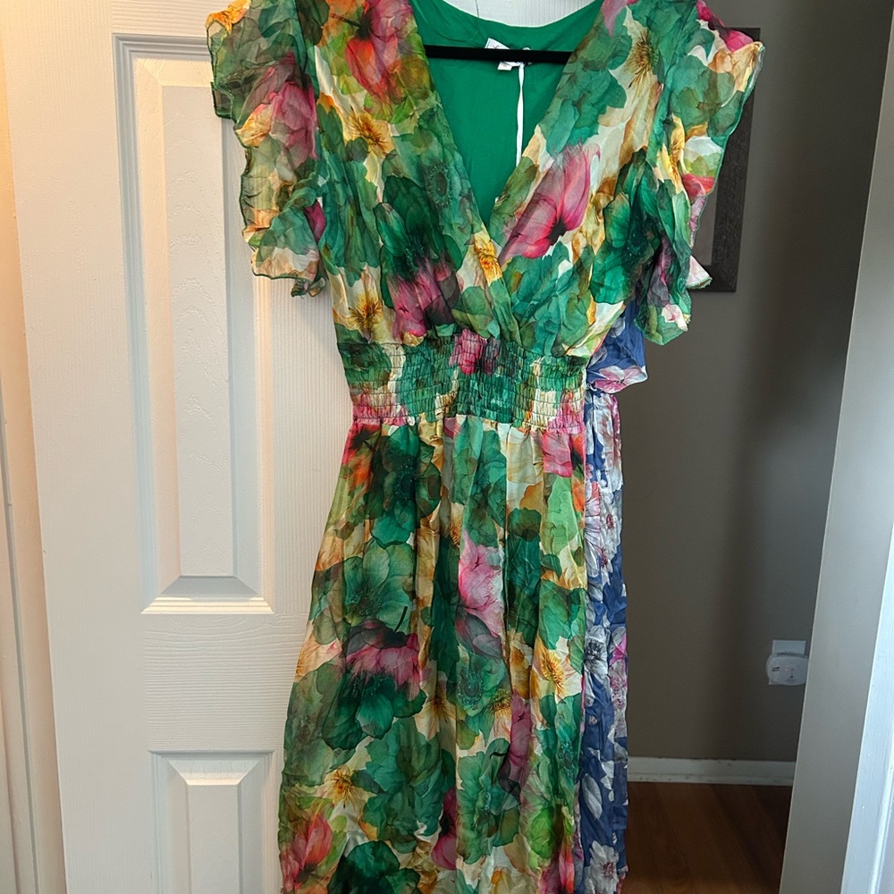Le Ragazze (Made In Italy) Green Floral Dress, Size Small